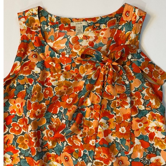 J. Crew Orange Floral Print Bow Tie Wrap Sleeveless 100% Silk Blouse‎ Size 0 EUC - Picture 2 of 8